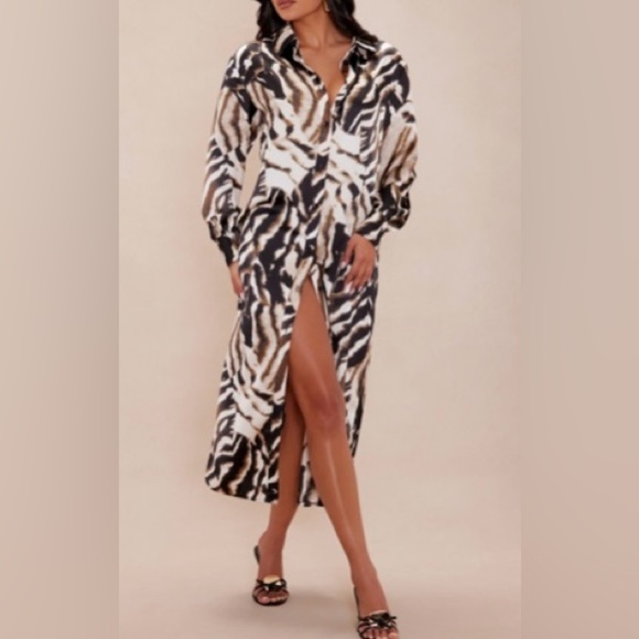 Fashion Nova Dresses & Skirts - NWT Fashion Nova Zebra Print Midi Satin Dress size XS